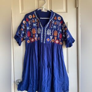 Solitaire Blue  embroidery Ruffled Short Sleeve Tunic